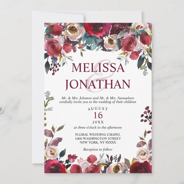 Elegant Watercolor Burgundy Floral Wedding Invitation (Front)