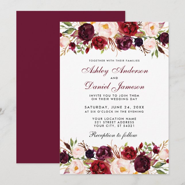 Elegant Watercolor Burgundy Floral Wedding Invitation (Front/Back)