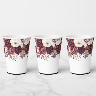 Elegant Watercolor Burgundy Floral Wedding  Paper Cups