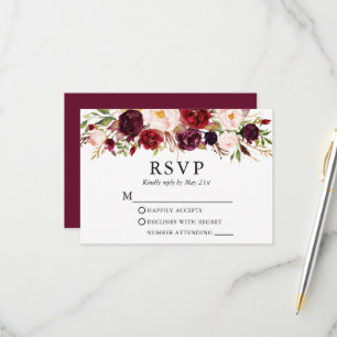 Elegant Watercolor Burgundy Floral Wedding RSVP Card