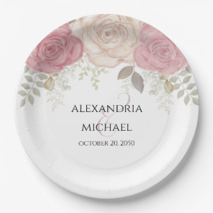 Elegant Watercolor Burgundy Floral Wedding Simple Paper Plate