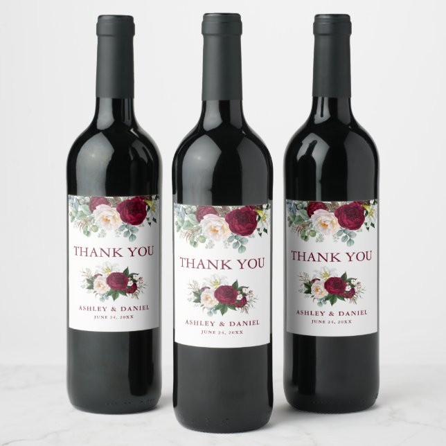 Elegant Watercolor Burgundy Floral Wedding Wine Label (Bottles)