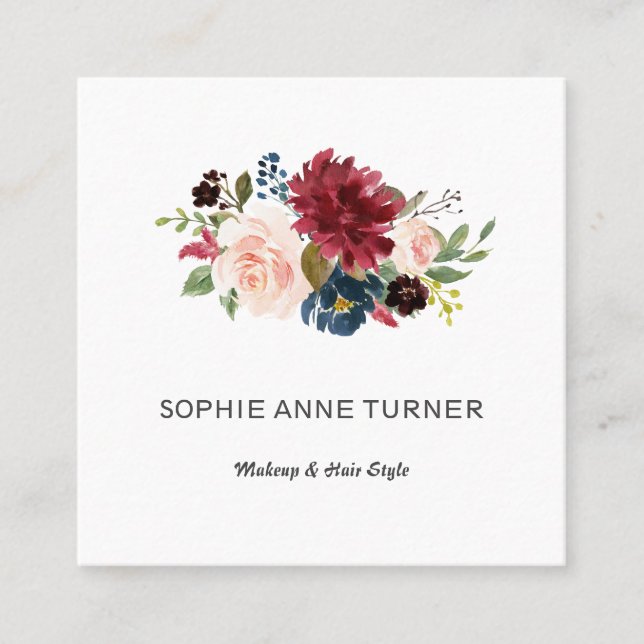 Elegant Watercolor Burgundy Flowers Makeup Artist Square Business Card (Front)