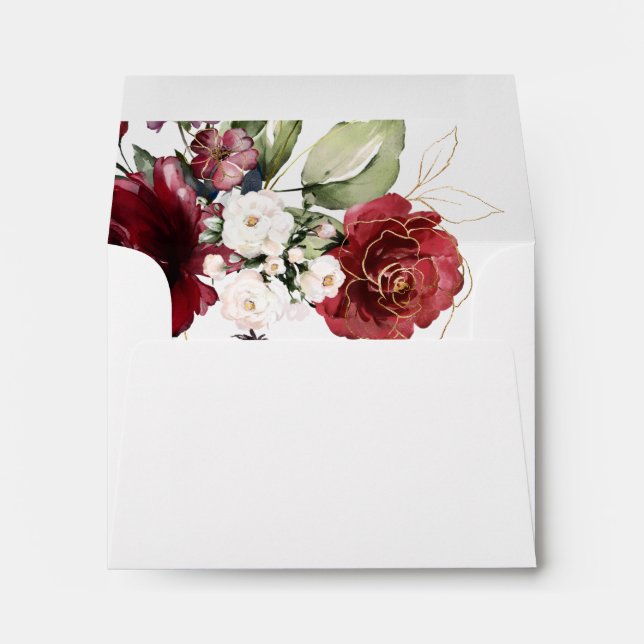 Elegant Watercolor Burgundy Gold Floral Wedding Envelope (Back (Bottom))