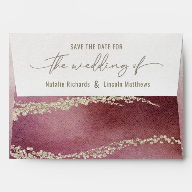 Elegant Watercolor Burgundy & Gold Save the Date Envelope (Back (Top Flap))