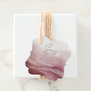 Elegant Watercolor Burgundy & Gold Save the Date Favour Tags