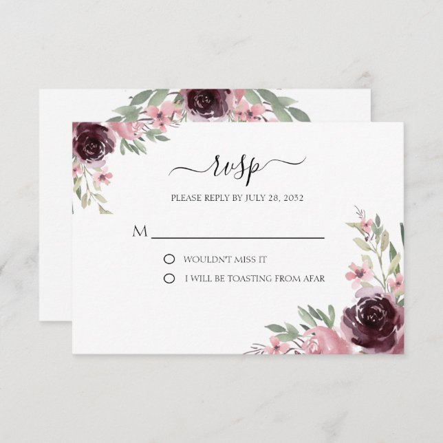 Elegant Watercolor Burgundy Mauve Greenery  RSVP Card (Front/Back)