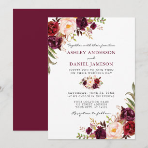Elegant Watercolor Burgundy Pink Floral Wedding Invitation