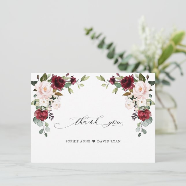 Elegant Watercolor Burgundy Pink Flowers Wedding   Thank You Card (Standing Front)
