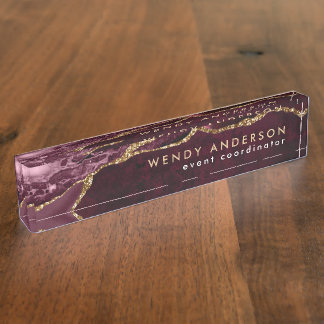 Elegant Watercolor Burgundy Red Gold Glitter Agate Nameplate