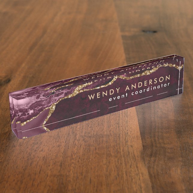 Elegant Watercolor Burgundy Red Gold Glitter Agate Nameplate (Side)