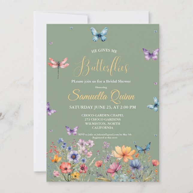Elegant Watercolor Butterflies Bridal Shower Invitation (Front)