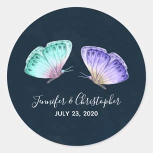 Elegant Watercolor Butterfly Duo Wedding Date Classic Round Sticker
