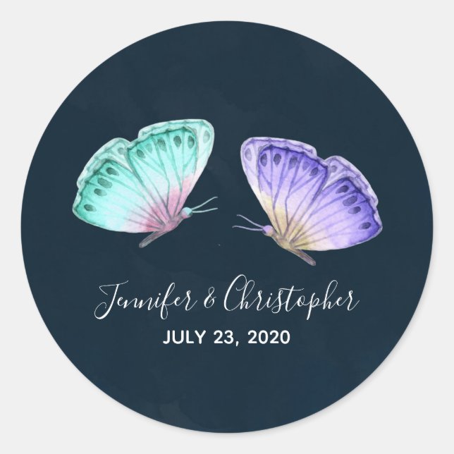 Elegant Watercolor Butterfly Duo Wedding Date Classic Round Sticker (Front)
