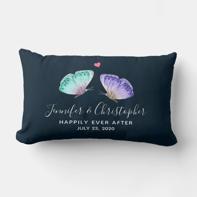 Elegant Watercolor Butterfly Duo Wedding Lumbar Cushion (Front)