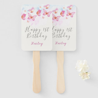 Elegant Watercolor Butterfly Girl 1st Birthday Hand Fan