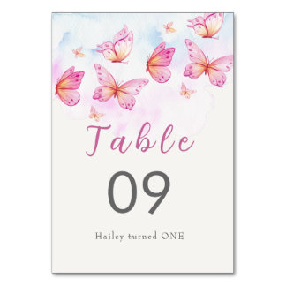 Elegant Watercolor Butterfly Girl 1st Birthday Table Number