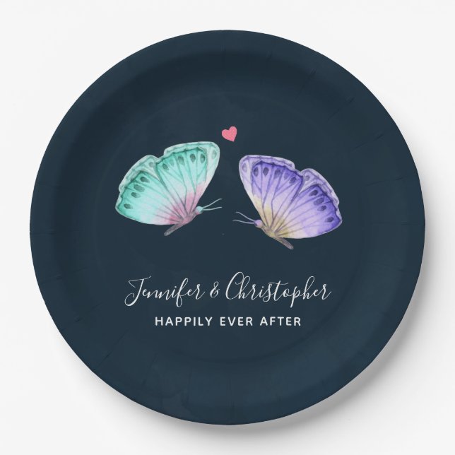 Elegant Watercolor Butterfly Pair Wedding Paper Plate (Front)