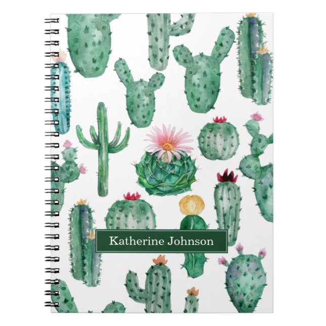 Elegant Watercolor Cactus Flower Plants Pattern Notebook (Front)