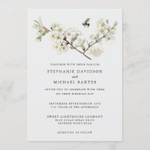 Elegant Watercolor Cherry Blossom Bee Greenery Invitation