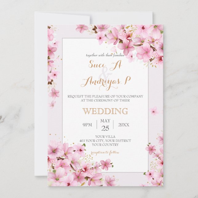 Elegant Watercolor Cherry Blossom Spring Wedding Invitation (Front)