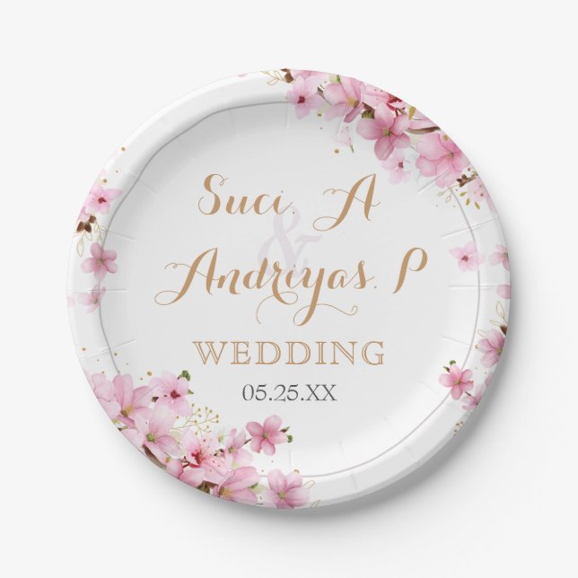 Elegant Watercolor Cherry Blossom Spring Wedding  Paper Plate (Front)