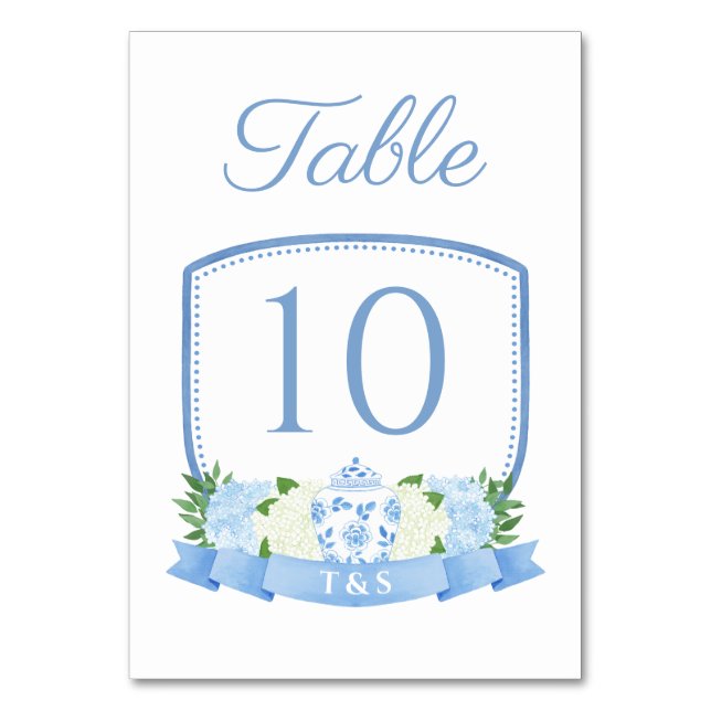 Elegant Watercolor Chinoiserie Chic Crest Wedding Table Number (Front)