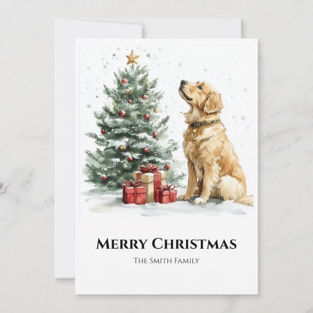 Elegant Watercolor Christmas adn Dog Holiday Card (Front)