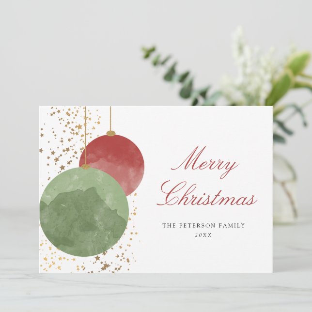 Elegant Watercolor Christmas Balls Gold Stars Holiday Card (Standing Front)