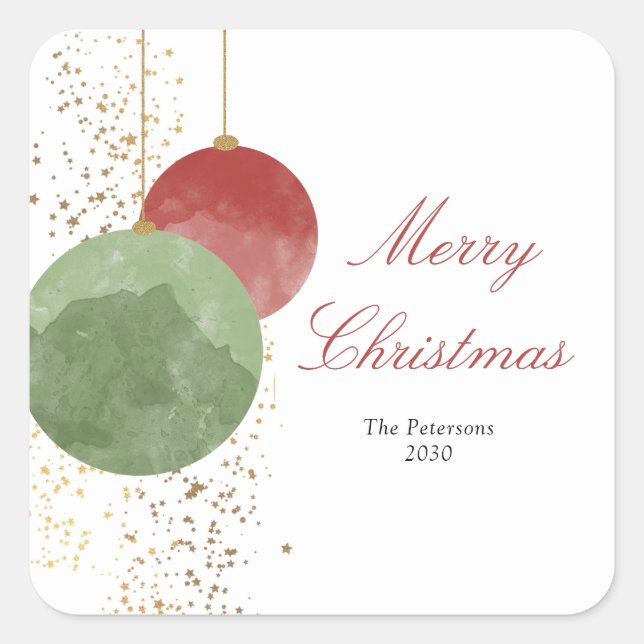 Elegant Watercolor Christmas Balls Gold Stars Square Sticker (Front)