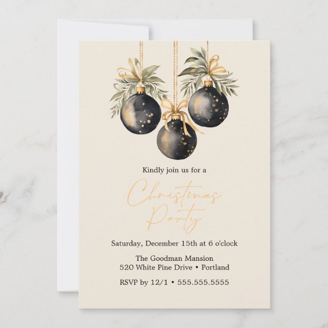 Elegant Watercolor Christmas Baubles Holiday Party (Front)