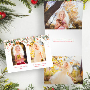 Elegant Watercolor Christmas Botanical Arch Photo Tri-Fold Holiday Card