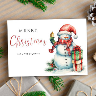 Elegant Watercolor Christmas Cute Snowman Holiday Card