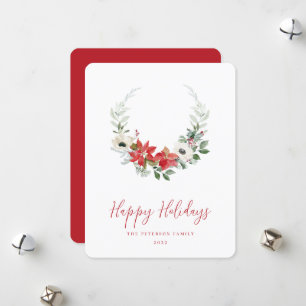 Elegant Watercolor Christmas Floral Wreath Holiday Card