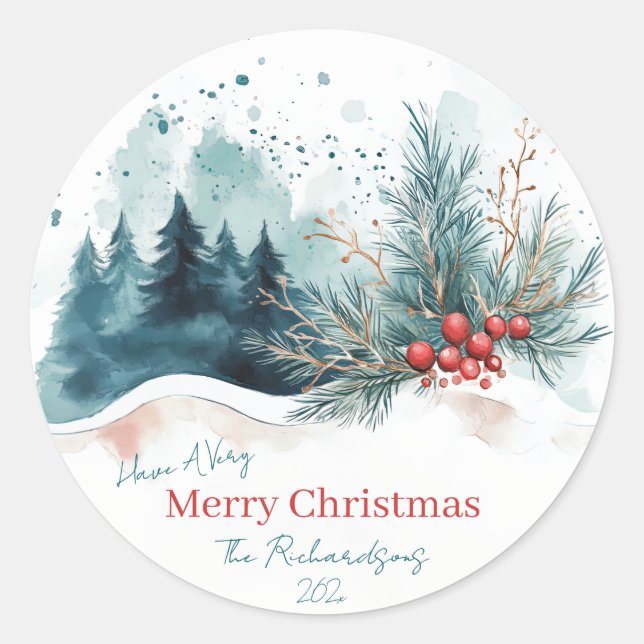Elegant Watercolor Christmas Forest Classic Round Sticker (Front)