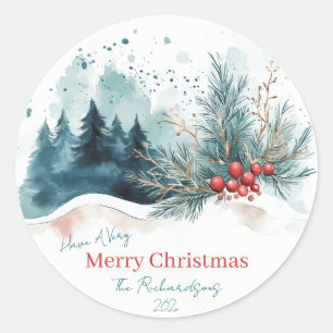 Elegant Watercolor Christmas Forest Classic Round Sticker