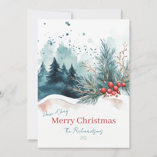 Elegant Watercolor Christmas Forest Holiday Card (Front)