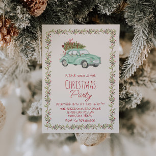 Elegant Watercolor Christmas Green Car Tree cParty Invitation