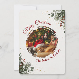 Elegant Watercolor Christmas Greenery Red Berries Holiday Card