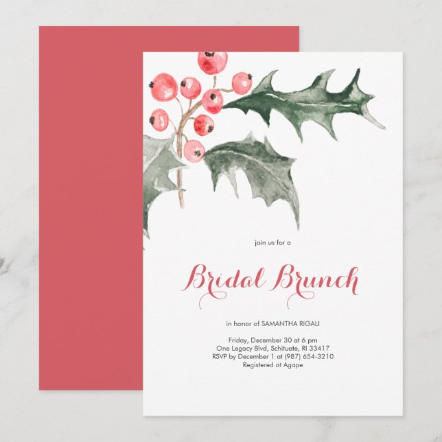 Elegant Watercolor Christmas Holly Bridal Brunch Invitation (Front/Back)