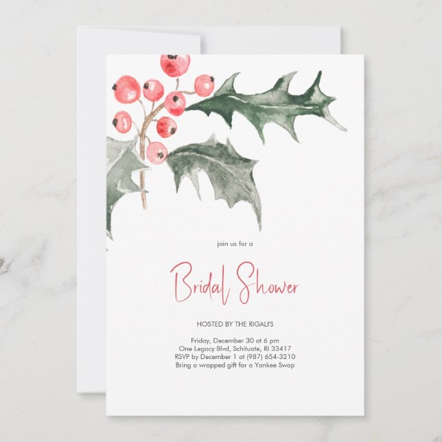 Elegant Watercolor Christmas Holly Bridal Shower Invitation (Front)
