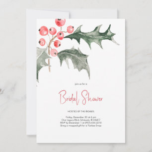 Elegant Watercolor Christmas Holly Bridal Shower Invitation