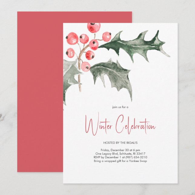 Elegant Watercolor Christmas Holly Party Invitation (Front/Back)