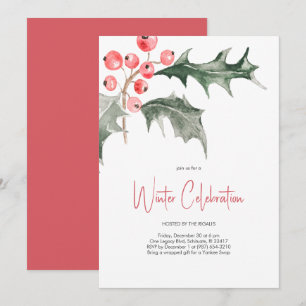 Elegant Watercolor Christmas Holly Party Invitation