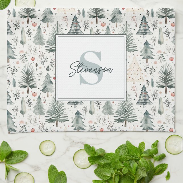 Elegant Watercolor Christmas Neutral Aesthetic  Tea Towel (Folded)