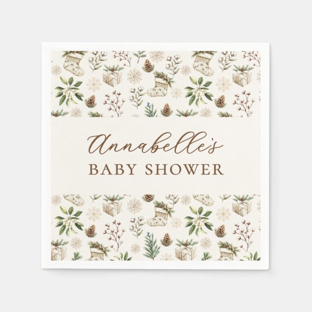 Elegant Watercolor Christmas or Winter Baby Shower Napkin (Front)