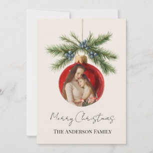 Elegant Watercolor Christmas Ornament Family Photo Holiday Card
