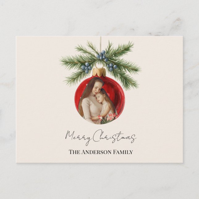 Elegant Watercolor Christmas Ornament Family Photo Holiday Postcard (Front)