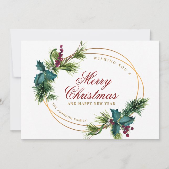 Elegant Watercolor Christmas Pine Cone Greeting Holiday Card (Front)