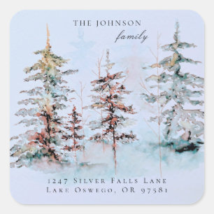 Elegant Watercolor Christmas Pine Return Address Square Sticker